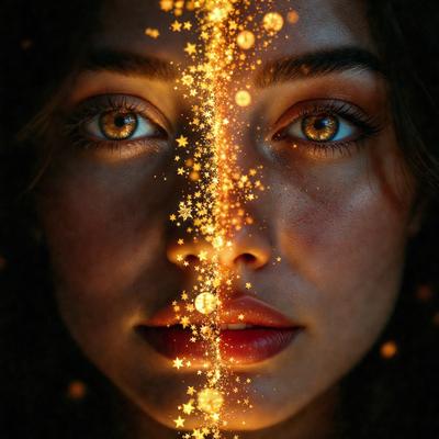 The primary subject of the image is a woman with a beautiful face. She is the main focus of the image. The setting is a dark background, which contrasts with the bright, colorful stars that surround her face. The visual style is a combination of a photo and digital art, creating a unique and eye-catching effect. The colors and mood of the image are vibrant and lively, with the stars adding a sense of wonder and magic to the scene.